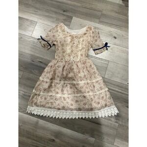 Ouzhuoni Floral Lace Cottagecore Dress Pink Rose Cream Lolita Coquette